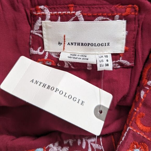 Anthropologie Red White Embroidered Wrap Tie Waist Skirt 6 Coastal Cowgirl - Picture 2 of 13